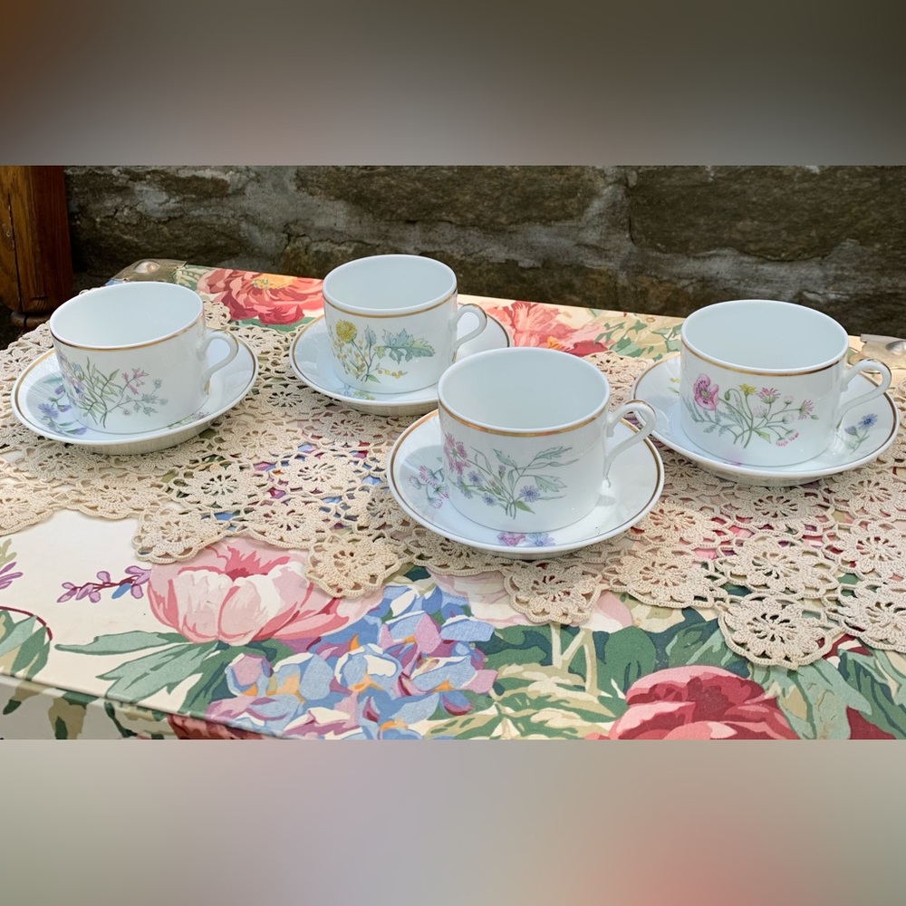 Set of Four Vintage Richard Ginori Primavera Flat Cups and Saucers